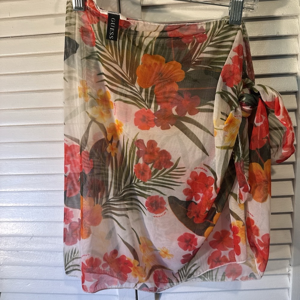 Guess Tropical Floral Sheer Wrap Skirt in Coral, Yellow & Green